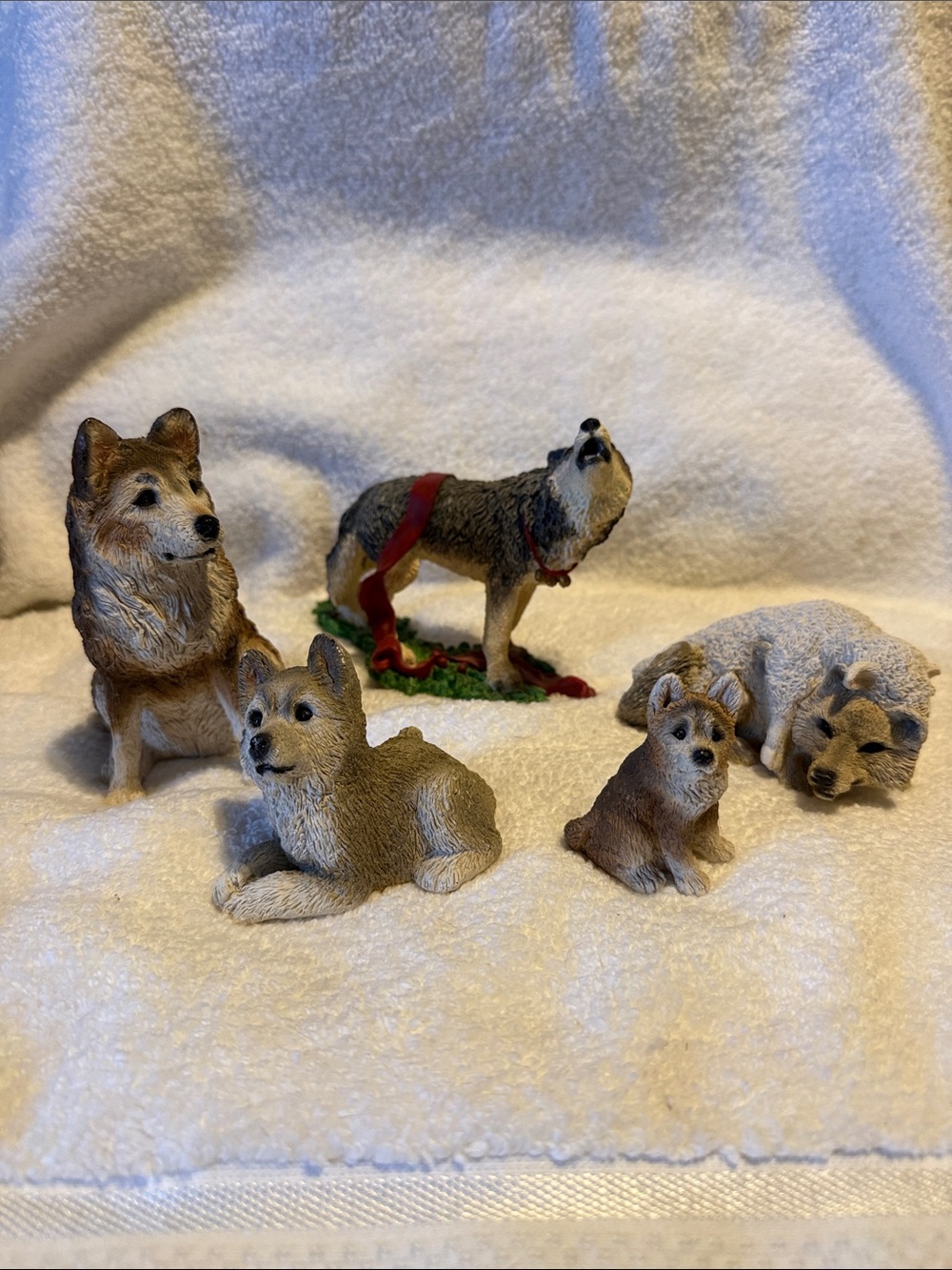 Miniature Wolf Figurine Set Vintage  - Brown & Gray Decorative Animal Statues